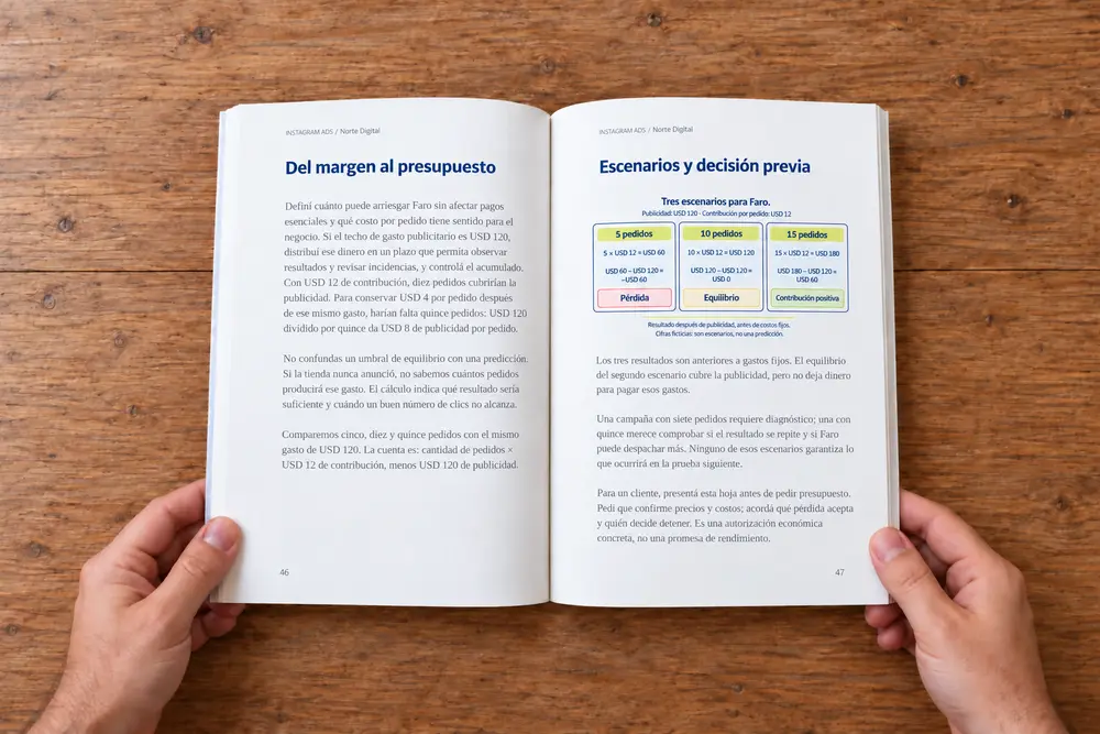 Manos sosteniendo el libro abierto sobre una mesa de madera, con el diagrama de escenarios para Faro, con la marca Norte Digital.
